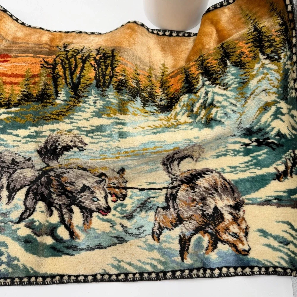 Vintage R.T. Co. Italy Dog Sled Wolf Team Plush Tapestry Wall Hanging 38x19